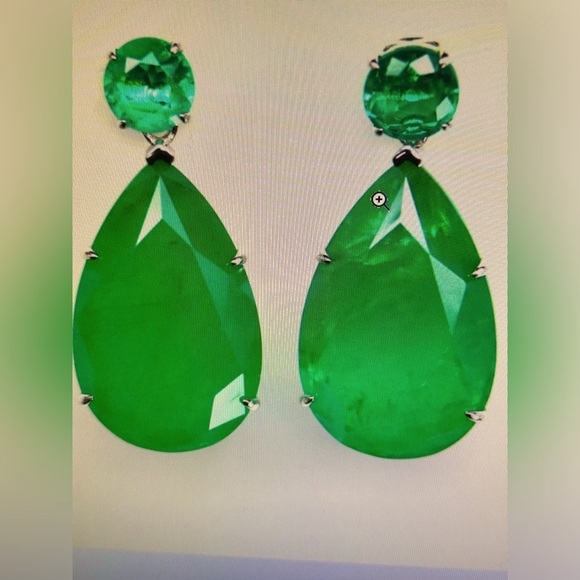 18 X 28 mm. - 8 mm. FOREST GREEN DOBLET EMERALD DROP EARRINGS 925 SILVER - Picture 4 of 12